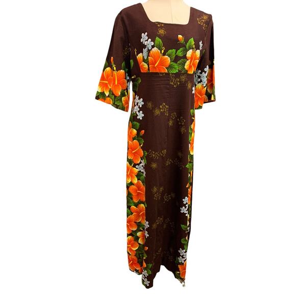 1950s Ui-Maikai Womens Hawaiian Tiki Dress Hibiscus Brown - Picture 1 of 8
